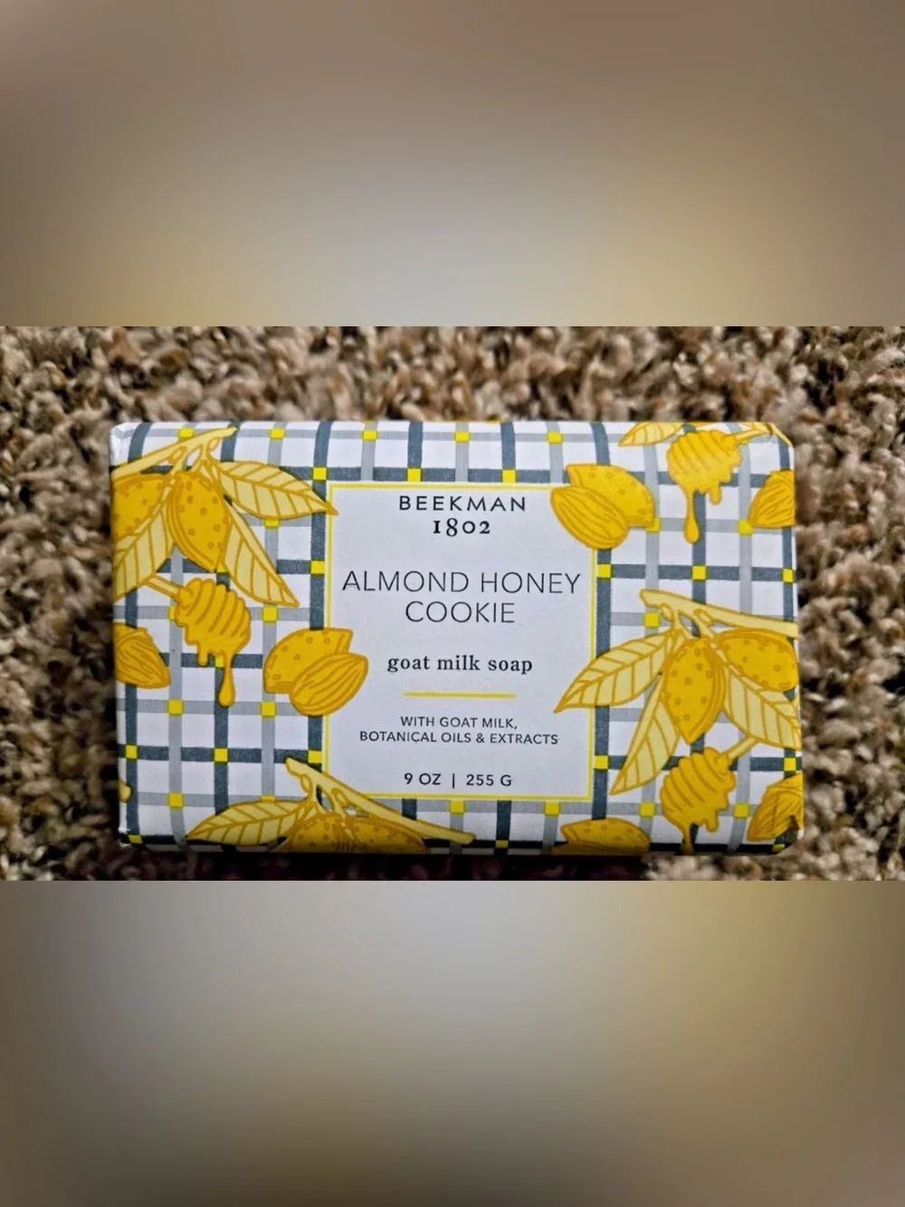 Beekman 1802 Almond Honey Cookie Soap - Yellow and Gray Floral Plaid